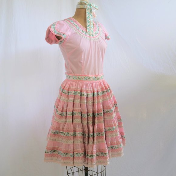 vtg 50s JEANETTES SOUTHWEST Pink Full Pleated Skirt & Top Set Swing Rockabilly 8 - Picture 3 of 15